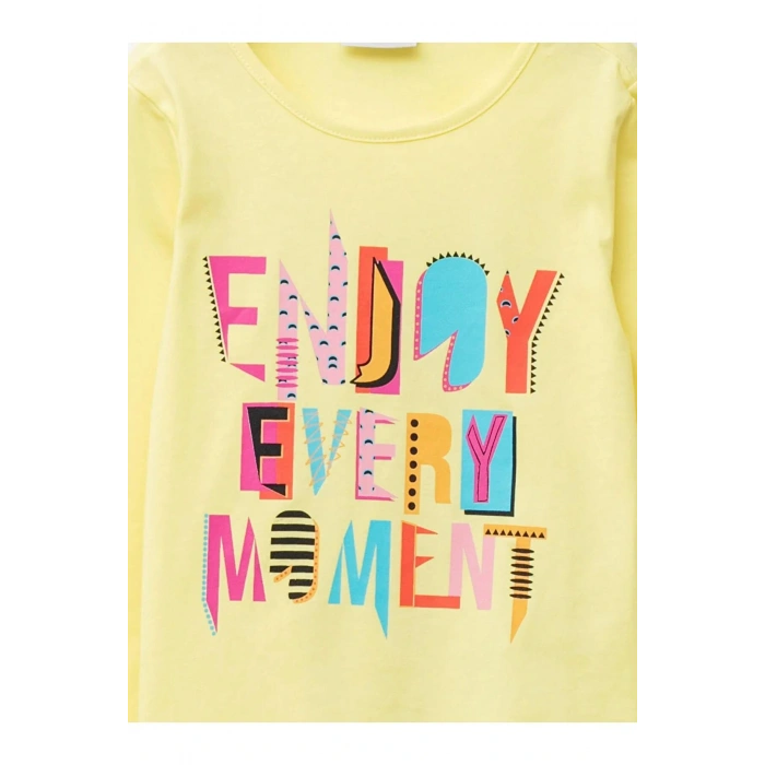 LCW ECO Sarı Bisiklet Yaka Baskılı Uzun Kollu Kız Çocuk Tişört