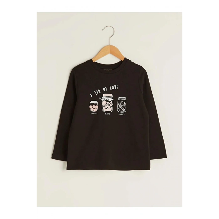 LCW ECO Siyah Bisiklet Yaka Baskılı Uzun Kollu Kız Çocuk Tişört