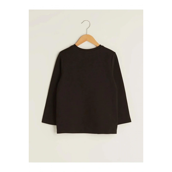 LCW ECO Siyah Bisiklet Yaka Baskılı Uzun Kollu Kız Çocuk Tişört