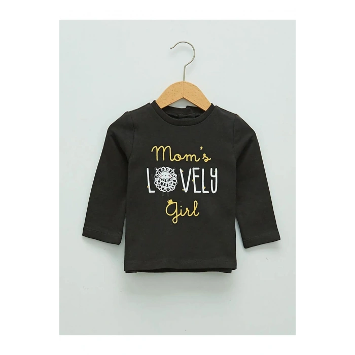 LCW ECO Siyah Bisiklet Yaka Uzun Kol Baskılı Kız Bebek Tişört