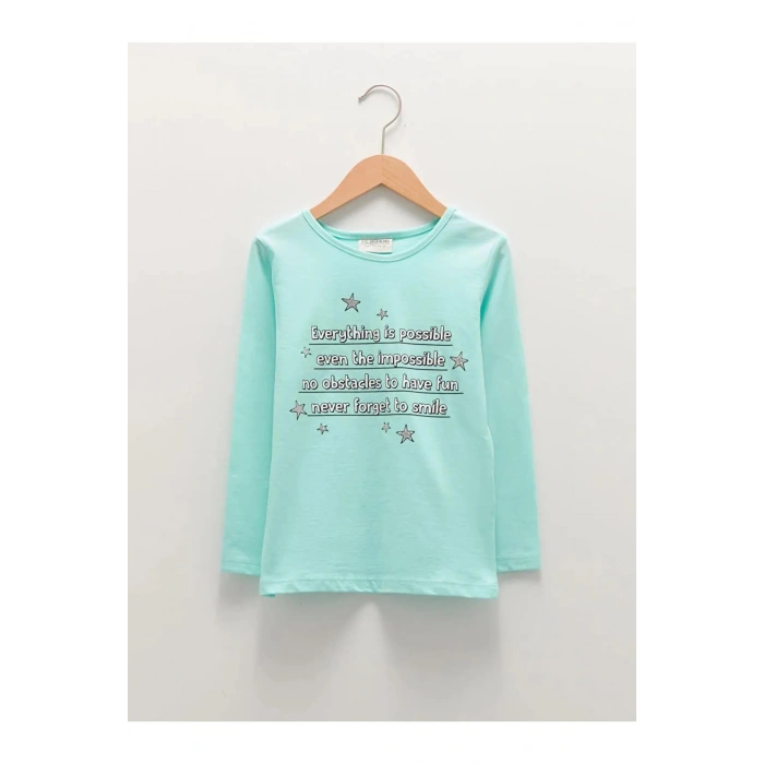 LCW ECO Yeşil Bisiklet Yaka Baskılı Uzun Kollu Pamuklu Kız Çocuk Tişört
