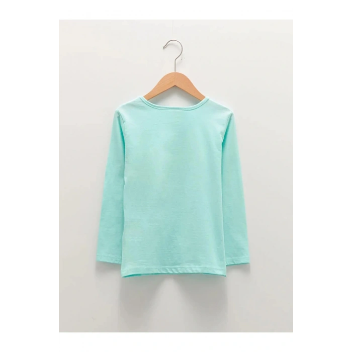 LCW ECO Yeşil Bisiklet Yaka Baskılı Uzun Kollu Pamuklu Kız Çocuk Tişört