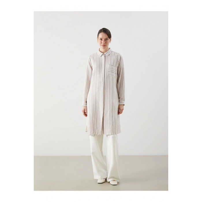 LCW Grace Bej Çizgili Keten Görünümlü Kadın Gömlek Tunik