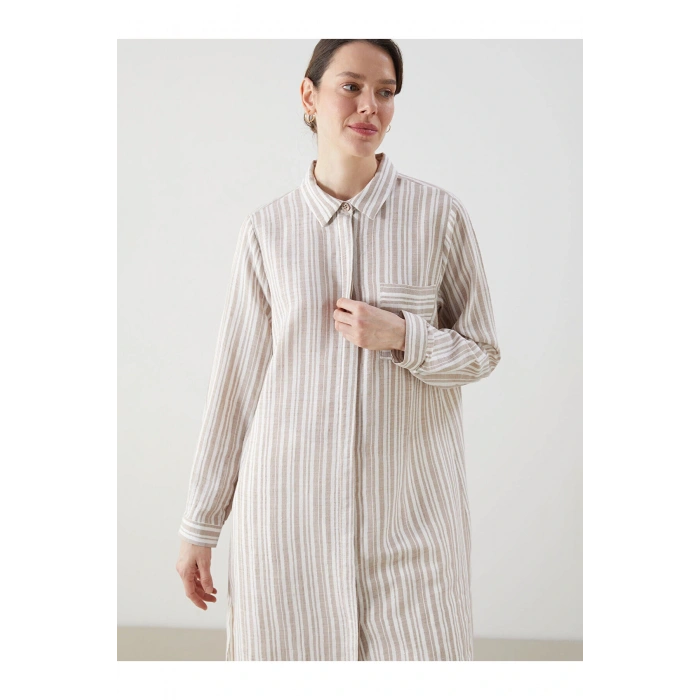 LCW Grace Bej Çizgili Keten Görünümlü Kadın Gömlek Tunik