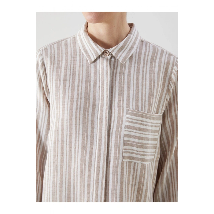 LCW Grace Bej Çizgili Keten Görünümlü Kadın Gömlek Tunik