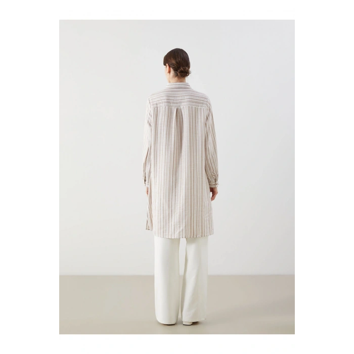 LCW Grace Bej Çizgili Keten Görünümlü Kadın Gömlek Tunik