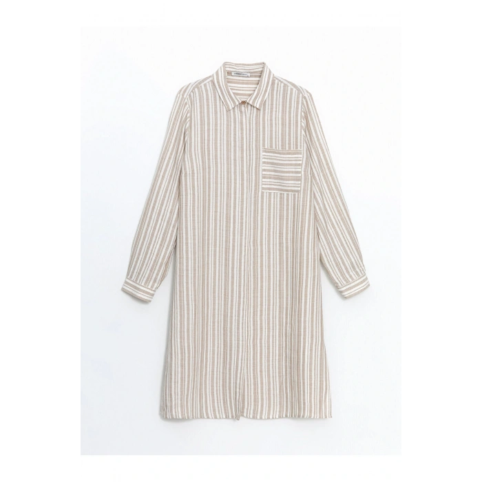 LCW Grace Bej Çizgili Keten Görünümlü Kadın Gömlek Tunik