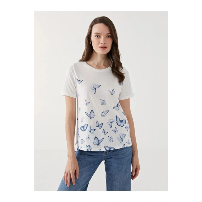 LCW Grace Beyaz Bisiklet Yaka Baskılı Kadın Tişört