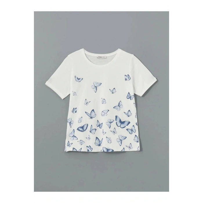 LCW Grace Beyaz Bisiklet Yaka Baskılı Kadın Tişört