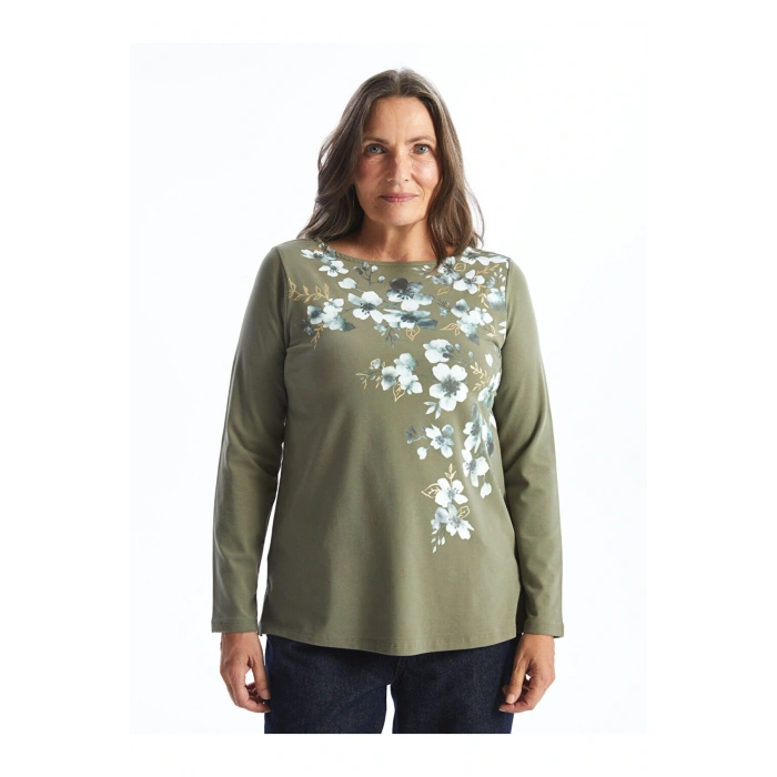 LCW Grace Haki Bisiklet Yaka Çiçekli Kadın Tişört