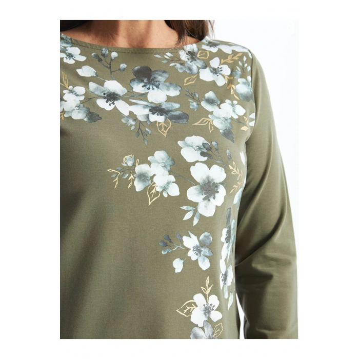 LCW Grace Haki Bisiklet Yaka Çiçekli Kadın Tişört