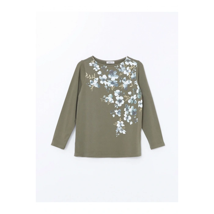 LCW Grace Haki Bisiklet Yaka Çiçekli Kadın Tişört