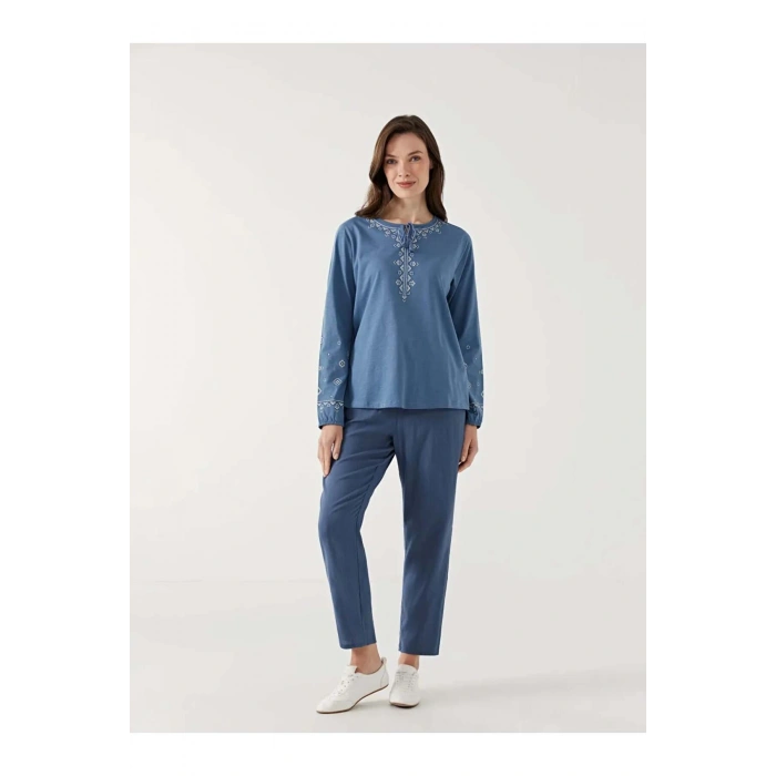 LCW Grace İndigo Bağlamalı Yaka Desenli Kadın Bluz