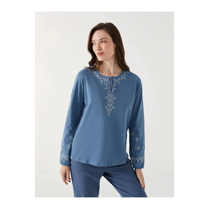 LCW Grace İndigo Bağlamalı Yaka Desenli Kadın Bluz