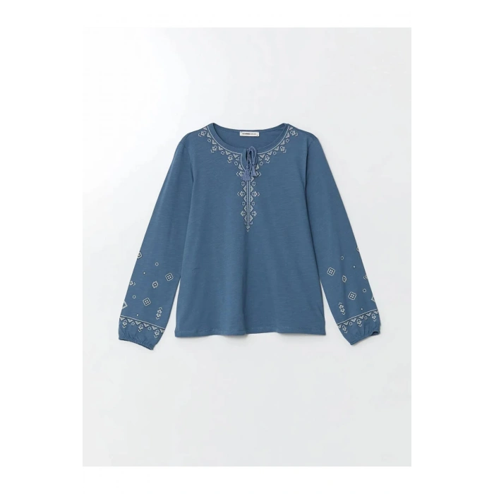 LCW Grace İndigo Bağlamalı Yaka Desenli Kadın Bluz