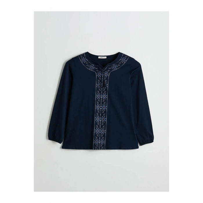 LCW Grace Lacivert Bağlamalı Yaka Desenli Bluz