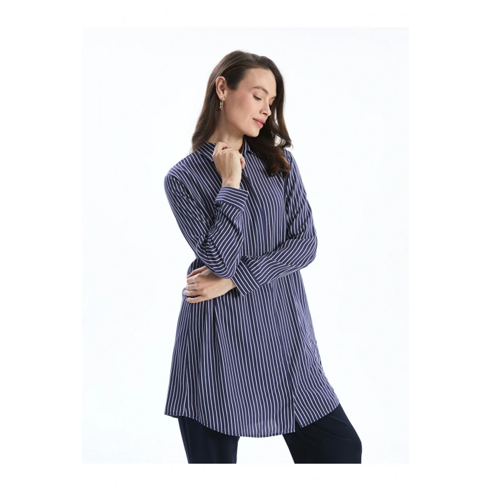 LCW Grace Lacivert Çizgili Poplin Kadın Gömlek Tunik