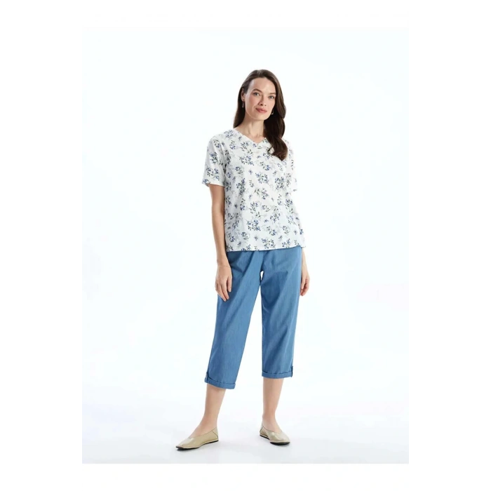 LCW Grace Mavi Beli Lastikli Kadın Jean Kapri