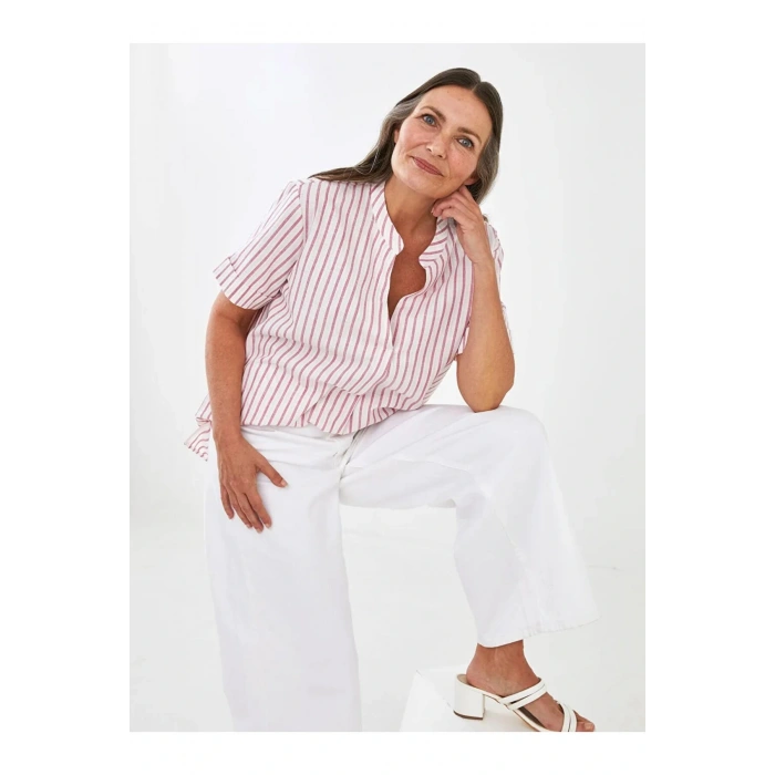 LCW Grace Pembe Kaçık Yaka Çizgili Kısa Kollu Pamuklu Kadın Bluz