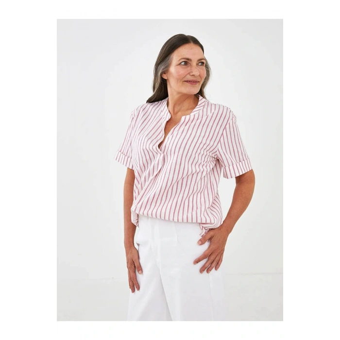 LCW Grace Pembe Kaçık Yaka Çizgili Kısa Kollu Pamuklu Kadın Bluz
