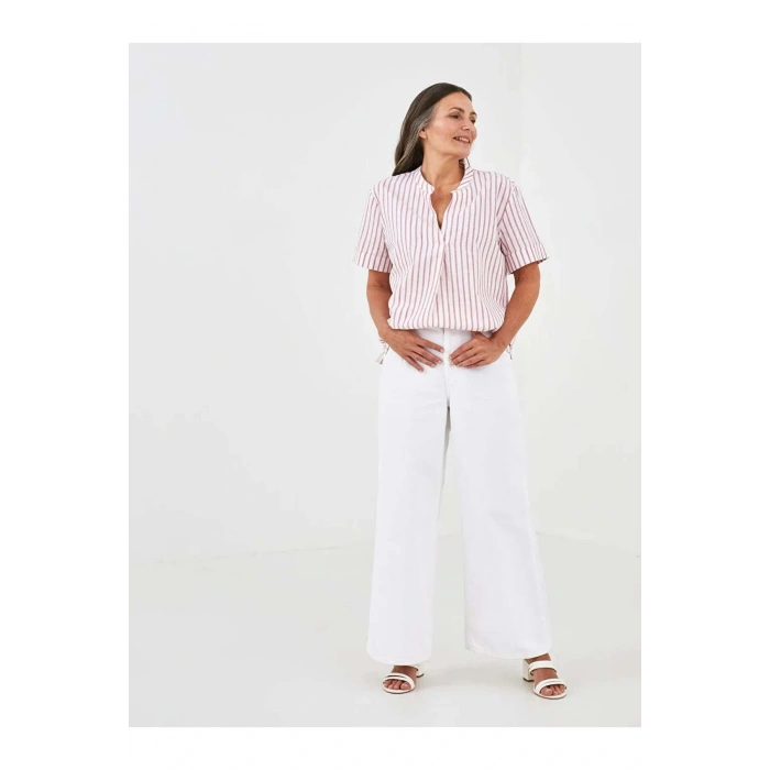 LCW Grace Pembe Kaçık Yaka Çizgili Kısa Kollu Pamuklu Kadın Bluz