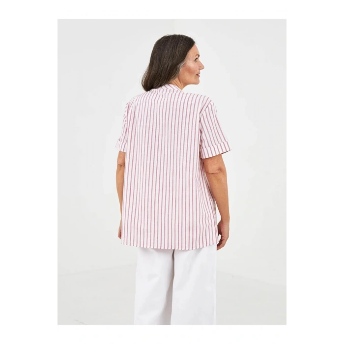 LCW Grace Pembe Kaçık Yaka Çizgili Kısa Kollu Pamuklu Kadın Bluz