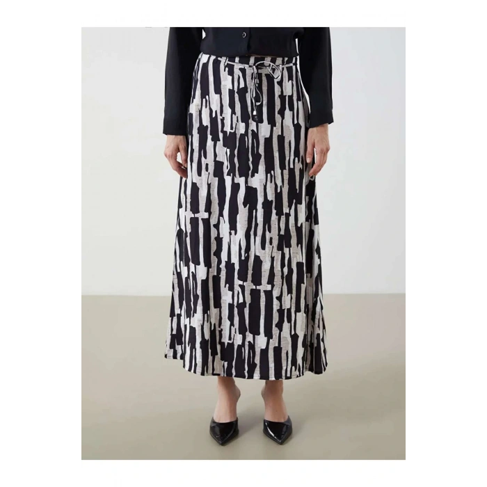 LCW Grace Siyah Beli Lastikli Desenli Etek