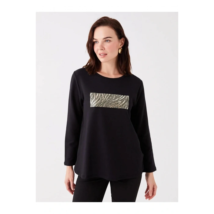 LCW Grace Siyah Bisiklet Yaka Baskılı Uzun Kollu Kadın Bluz