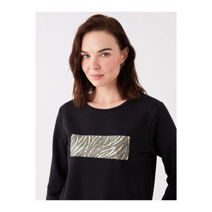 LCW Grace Siyah Bisiklet Yaka Baskılı Uzun Kollu Kadın Bluz