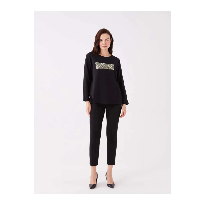 LCW Grace Siyah Bisiklet Yaka Baskılı Uzun Kollu Kadın Bluz
