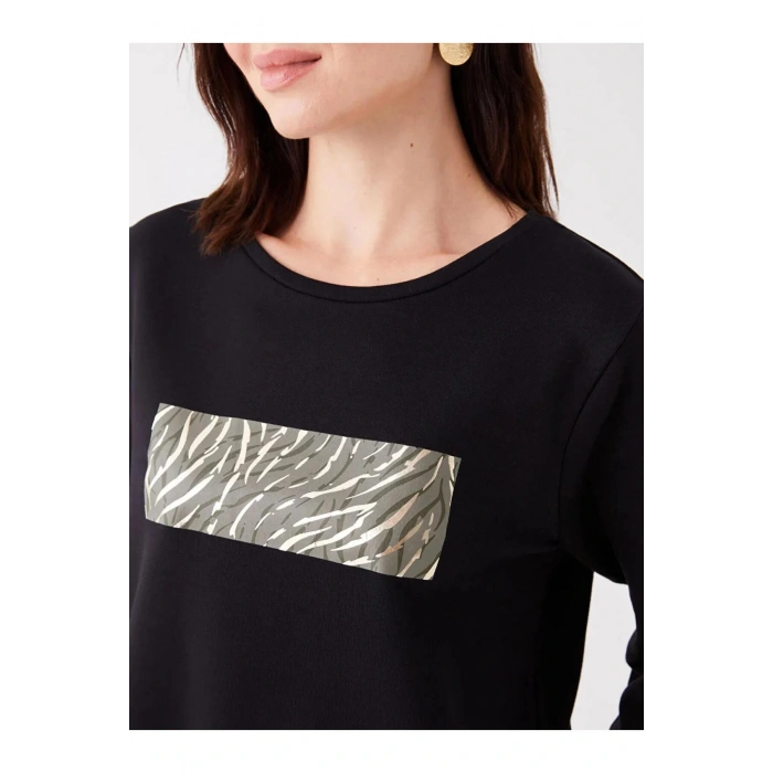 LCW Grace Siyah Bisiklet Yaka Baskılı Uzun Kollu Kadın Bluz