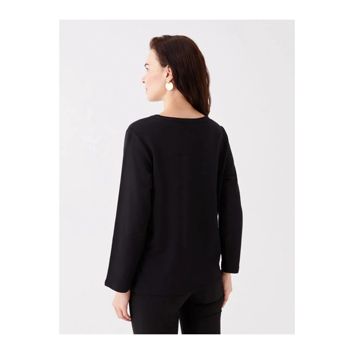 LCW Grace Siyah Bisiklet Yaka Baskılı Uzun Kollu Kadın Bluz