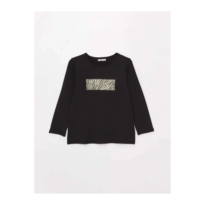 LCW Grace Siyah Bisiklet Yaka Baskılı Uzun Kollu Kadın Bluz