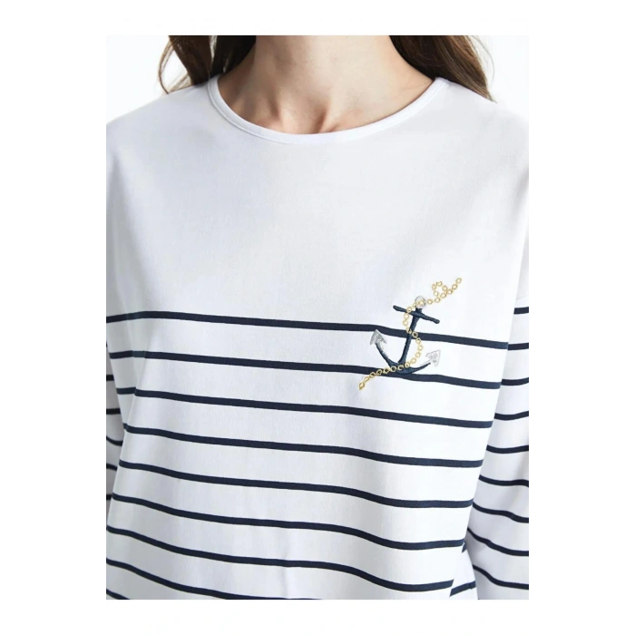 LCW Grace Siyah Bisiklet Yaka Çizgili Penye Kadın Tişört