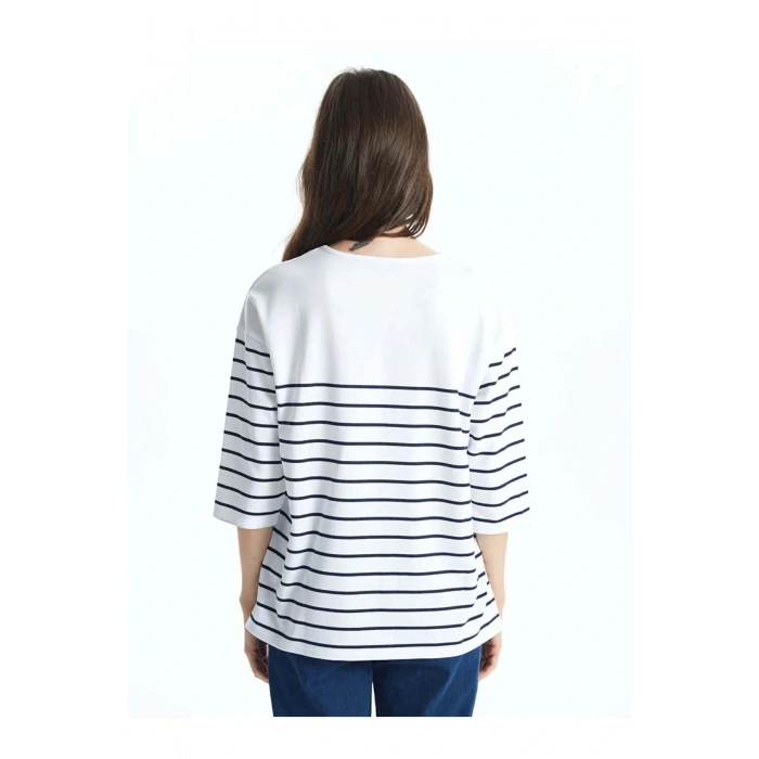 LCW Grace Siyah Bisiklet Yaka Çizgili Penye Kadın Tişört