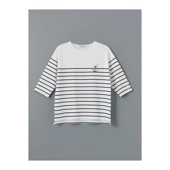 LCW Grace Siyah Bisiklet Yaka Çizgili Penye Kadın Tişört