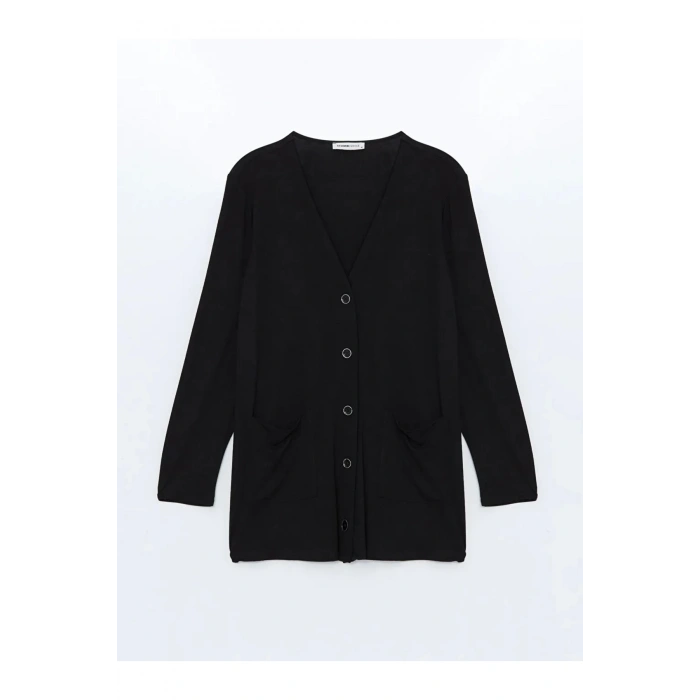 LCW Grace Siyah V Yaka Düz Uzun Kollu Kadın Hırka