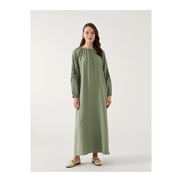 LCW Grace Yeşil Bisiklet Yaka Çiçek Nakışlı Kadın Elbise