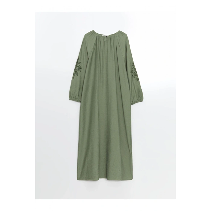 LCW Grace Yeşil Bisiklet Yaka Çiçek Nakışlı Kadın Elbise