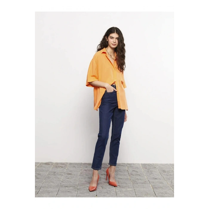 LCW Jeans İndigo Yüksek Bel Mom Fit Düz Cep Detaylı Kadın Rodeo Jean Pantolon