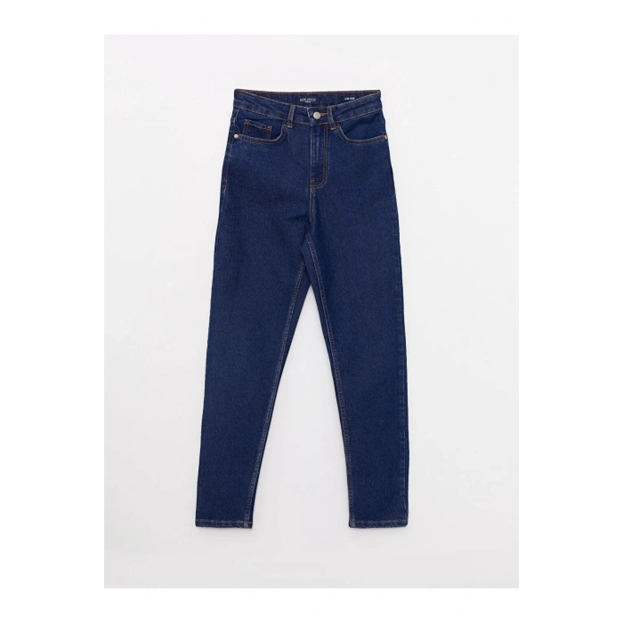 LCW Jeans İndigo Yüksek Bel Mom Fit Düz Cep Detaylı Kadın Rodeo Jean Pantolon