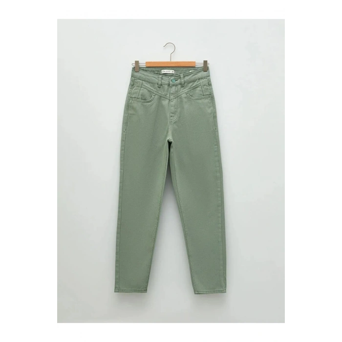 LCW Jeans Yeşil Yüksek Bel Mom Fit Düz Cep Detaylı Kadın Jean Pantolon