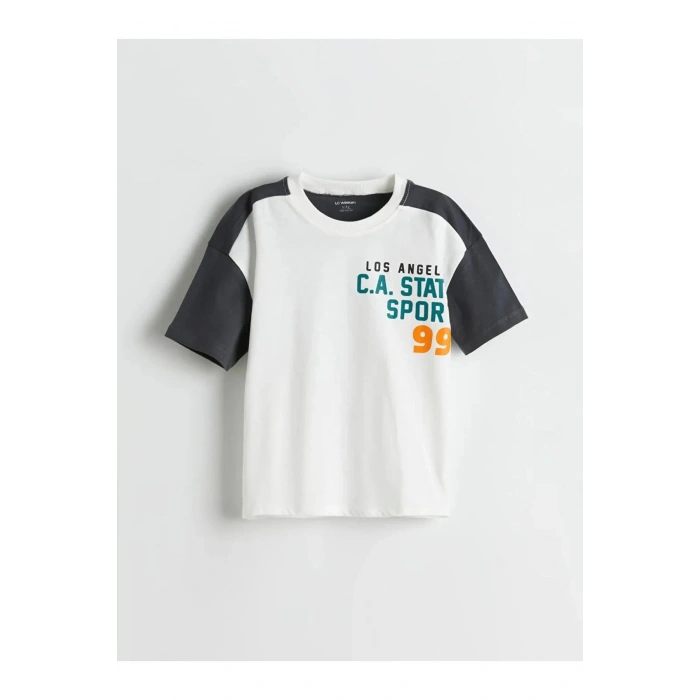 LCW Kids Antrasit Bisiklet Yaka Yazı Baskılı Erkek Çocuk Tişört