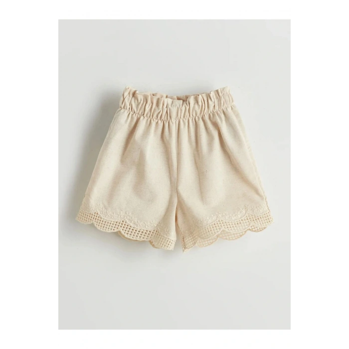 LCW Kids Bej Beli Lastikli Nakışlı Kız Çocuk Şort