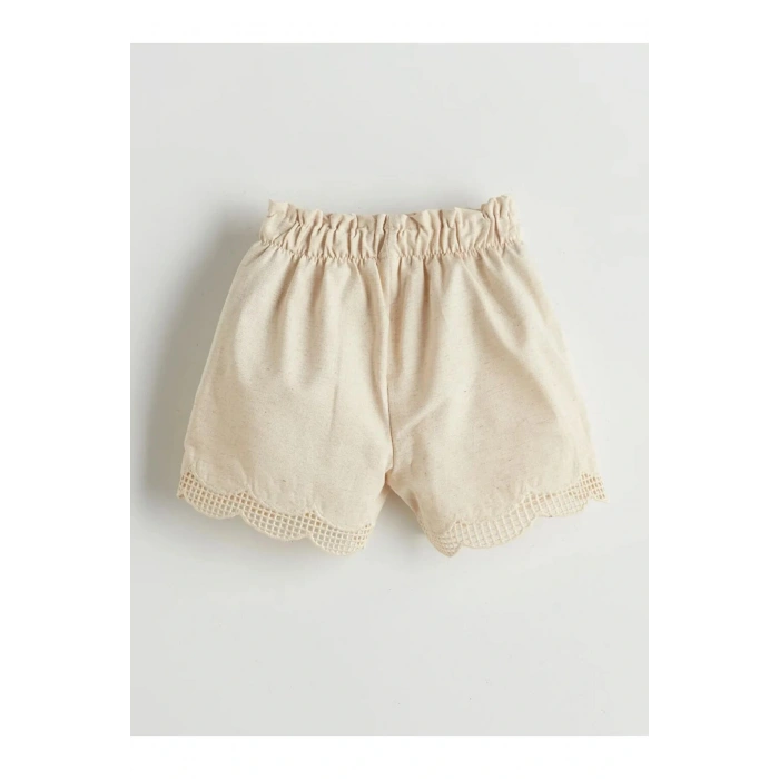 LCW Kids Bej Beli Lastikli Nakışlı Kız Çocuk Şort