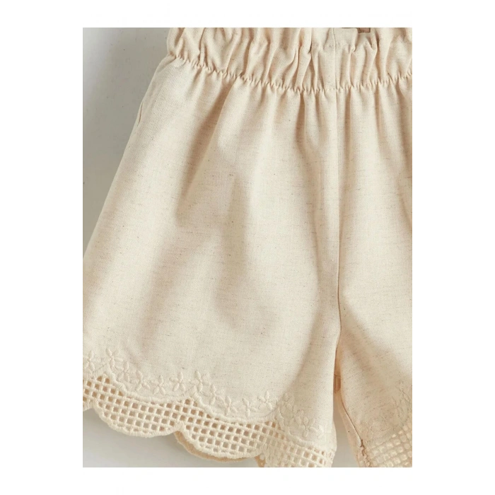 LCW Kids Bej Beli Lastikli Nakışlı Kız Çocuk Şort