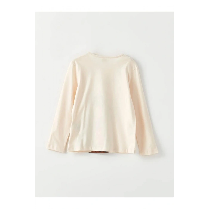 LCW Kids Bej Bisiklet Yaka Baskılı Uzun Kollu Pamuklu Kız Çocuk Tişört