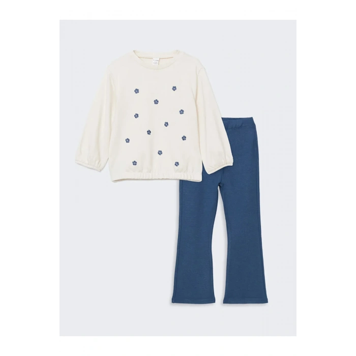 LCW Kids Bej Bisiklet Yaka Çiçekli Kız Çocuk Sweatshirt ve Tayt Pantolon 2li