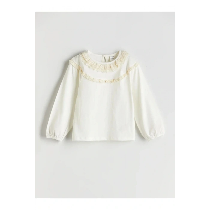 LCW Kids Bej Bisiklet Yaka Nakışlı Kız Çocuk Tişört