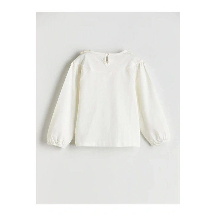 LCW Kids Bej Bisiklet Yaka Nakışlı Kız Çocuk Tişört